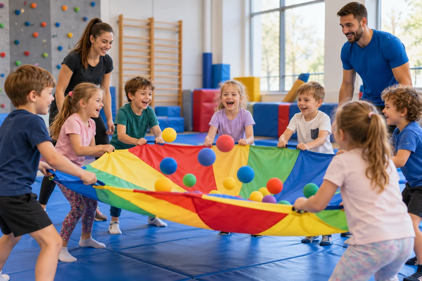 Dzieci uczestniczące w zorganizowanych urodzinowych zabawach sportowych