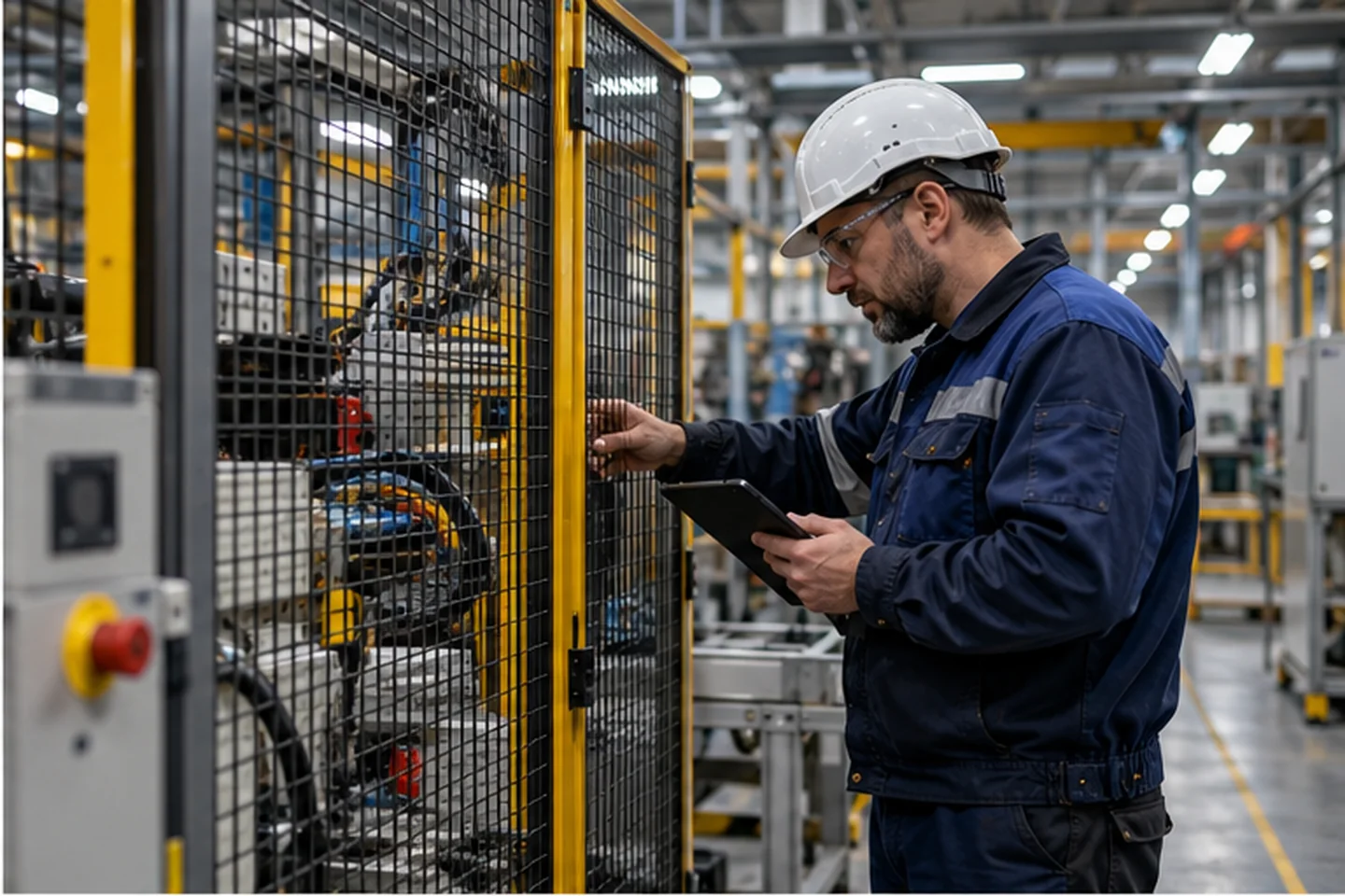 Technik wykonujący przegląd urządzenia na hali produkcyjnej