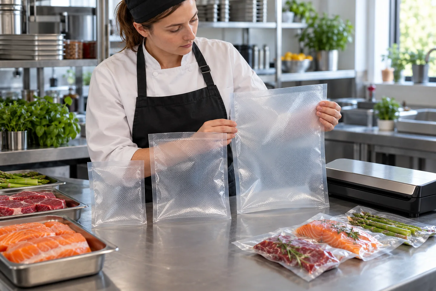 Pracownik małej gastronomii sprawdzający zgrzew na worku moletowanym