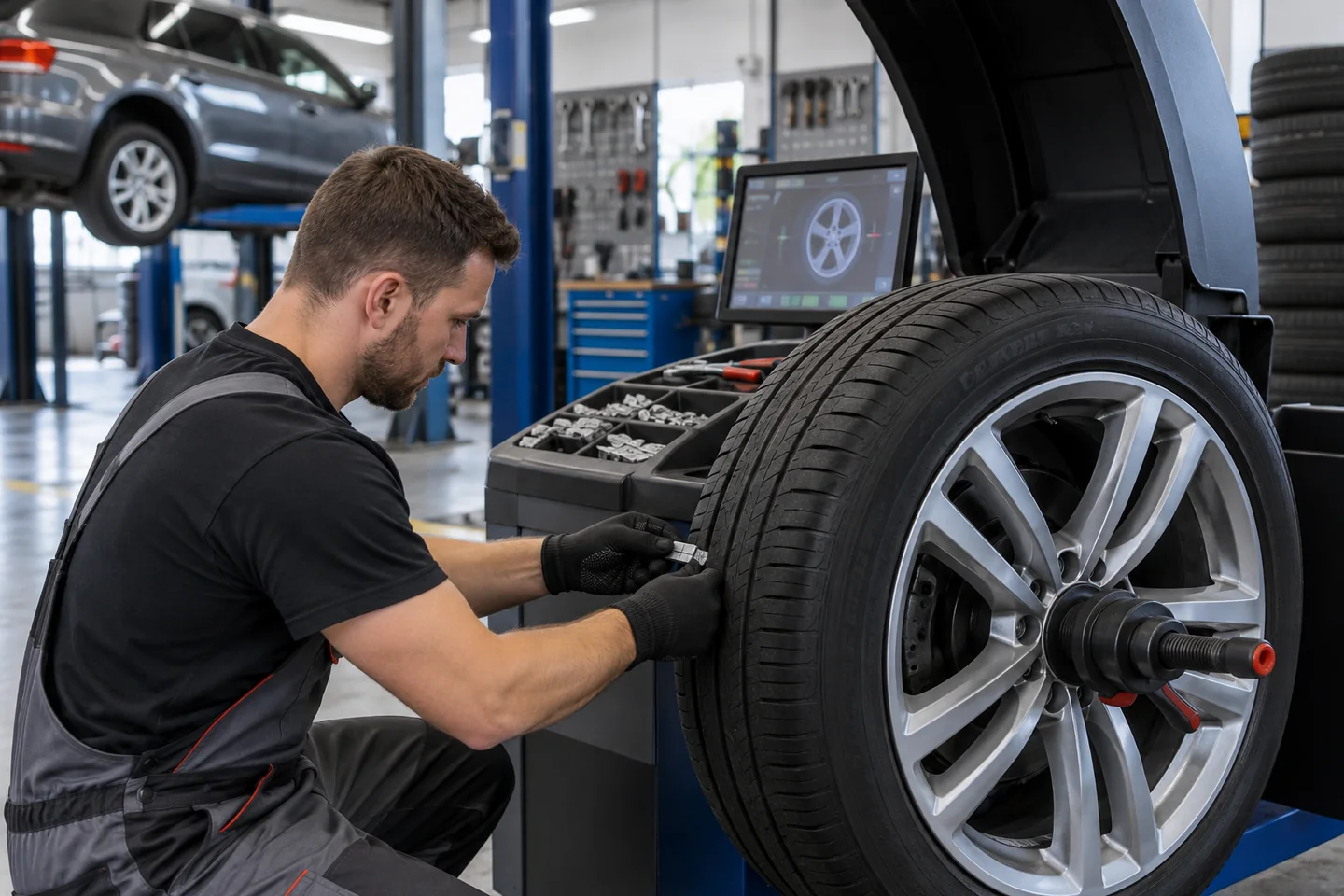 Mechanik sprawdzający felgę i oponę na wyważarce