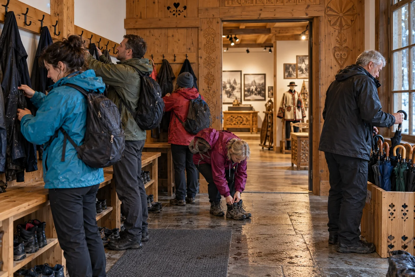 Turyści z mokrymi kurtkami korzystający z szatni przed wejściem do muzeum